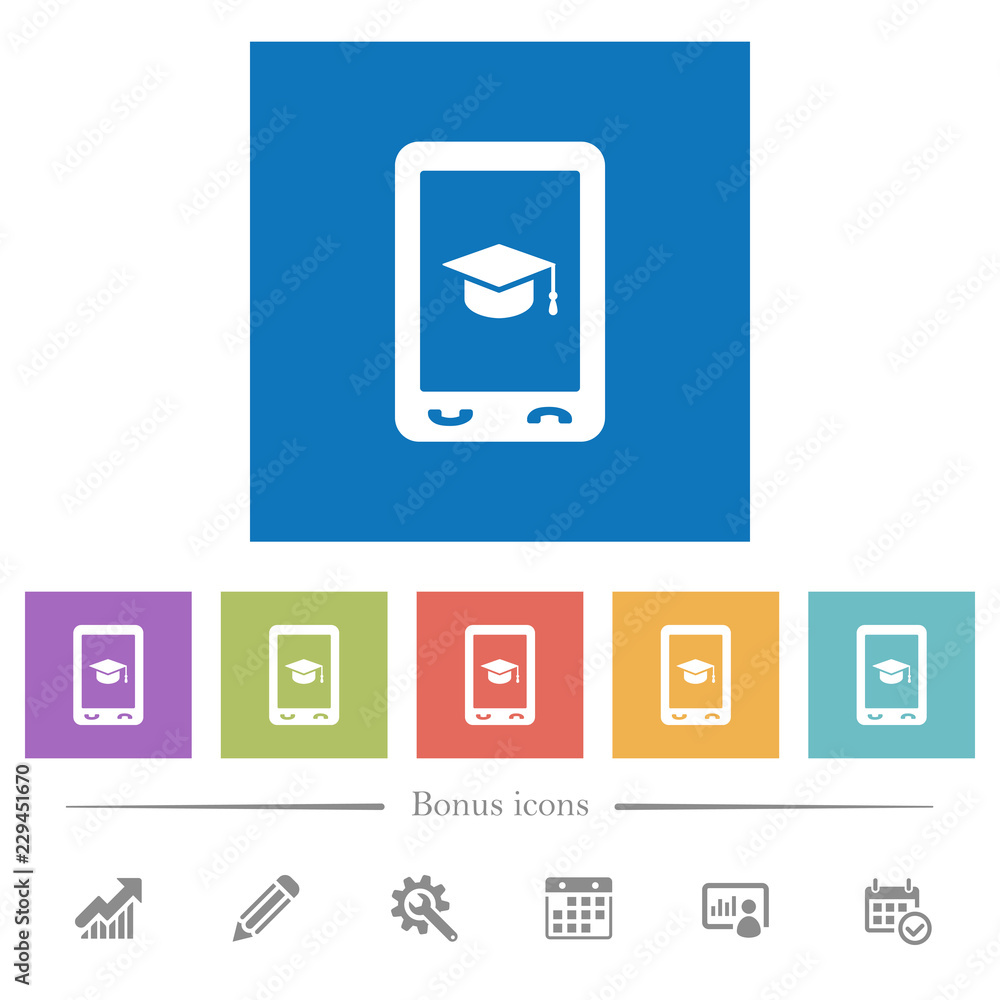 Mobile learning flat white icons in square backgrounds