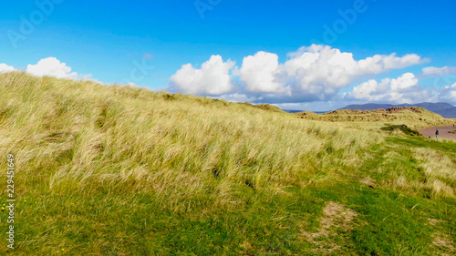 Low Aerial view over the grasslands at the Irish coast