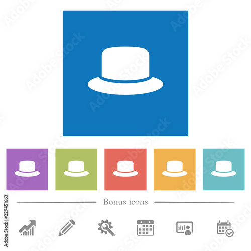 Silk hat flat white icons in square backgrounds