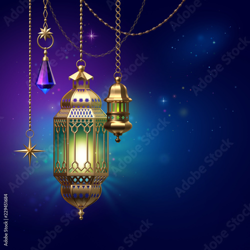 3d render, decorative lanterns hanging on golden chains, glowing light, arabic traditional decor, tribal festive decoration, Ramadan Kareem, greeting card, starry night background, illustration