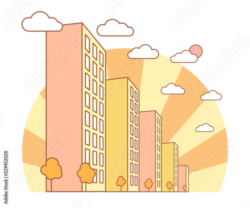 Autumn city view with high buildings, clouds, orange trees, fall landscape with street blocks, modern residential and tenement houses, linear outline style, vector concept