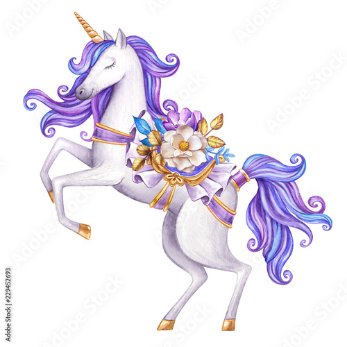 watercolor white unicorn illustration, fairy tale creature, violet curly hair, mythical animal clip art, isolated on white background