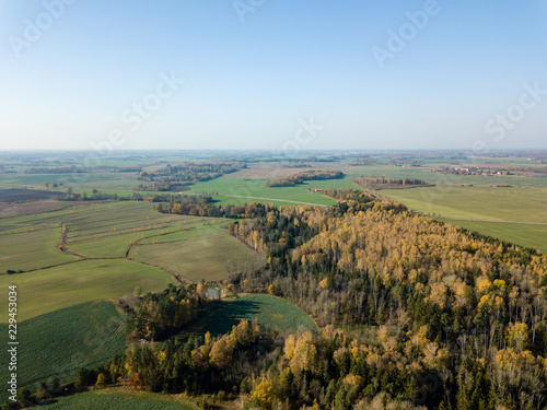 drone image. aerial view of rural area with fields and forests in autum