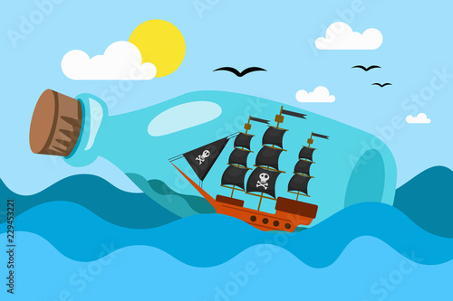 Bottle with ship inside sailing in sea