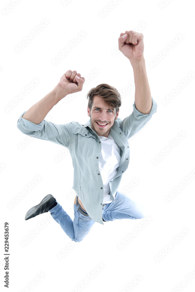 happy man jumping in the air with joy