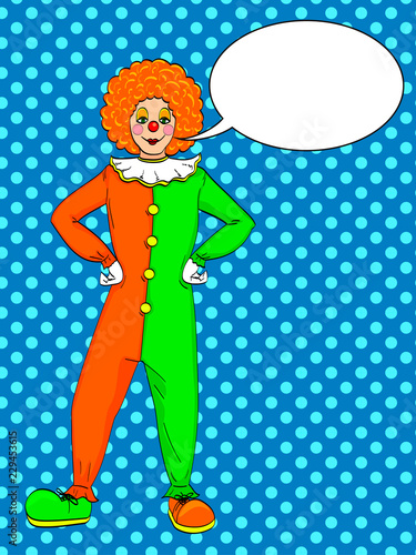 Pop art clown raster. Theater, circus, a woman in a jester costume. Text bubble. Vintage Background photo