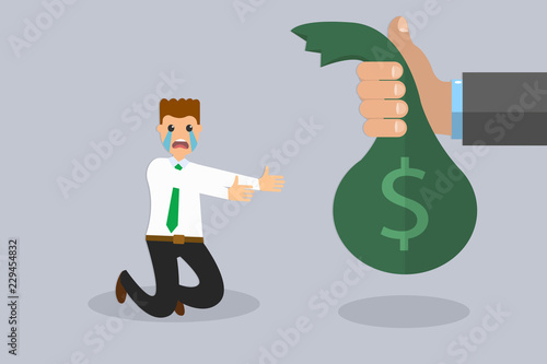 Crying man pulling hands to money bag