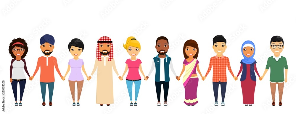 A group of people of different nationalities are holding hands with each  other. Asian, Latin American, African, European, Indian, Arab. In flat  style on white background. Cartoon Stock Vector