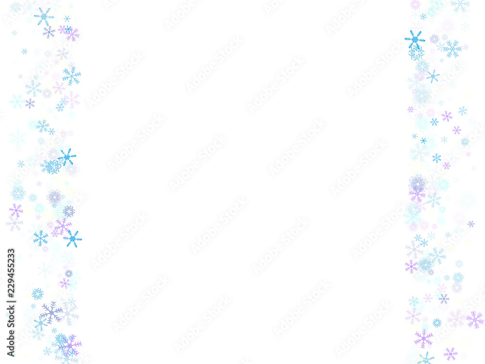 Fototapeta premium Falling down snow confetti, snowflake vector border. Festive winter, Christmas, New Year sale background. Cold weather, winter storm, scatter texture. Hipster snowfall falling snowflakes cool confetti