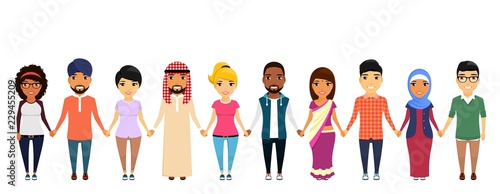 A group of people of different nationalities are holding hands with each other. Asian, Latin American, African, European, Indian, Arab. In flat style on white background. Cartoon