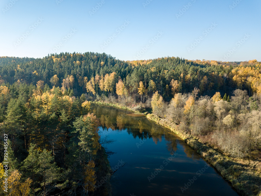 drone image. aerial view of wavy river in autumn colored forest drone image. aerial view of wavy river in autumn colored forest