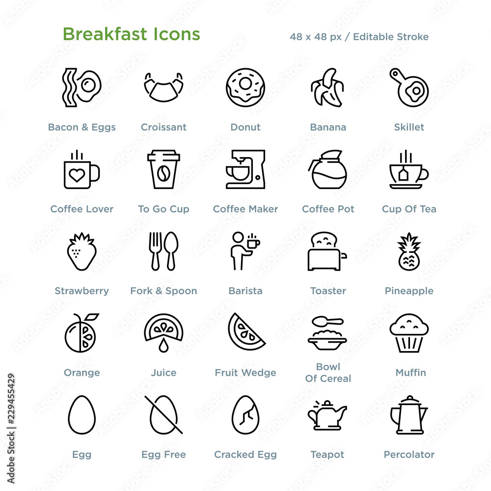 Breakfast Icons - Outline styled icons, designed to 48 x 48 pixel grid. Editable stroke.