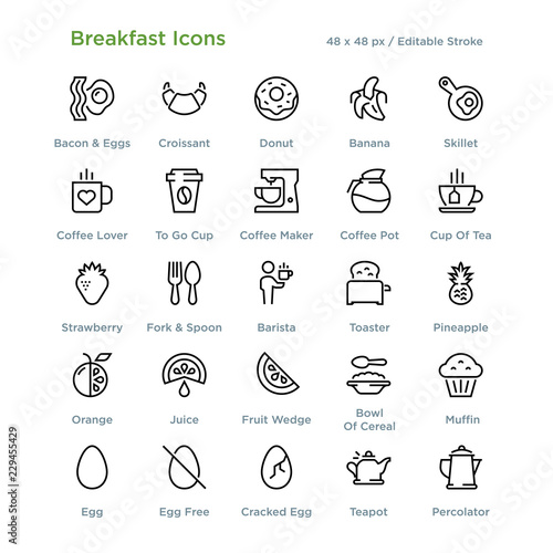 Breakfast Icons - Outline styled icons, designed to 48 x 48 pixel grid. Editable stroke.