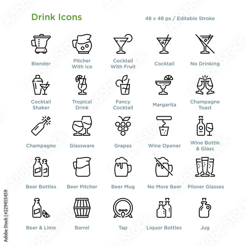 Drink Icons - Outline styled icons, designed to 48 x 48 pixel grid. Editable stroke.