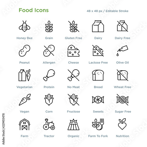 Food Icons - Outline styled icons, designed to 48 x 48 pixel grid. Editable stroke.