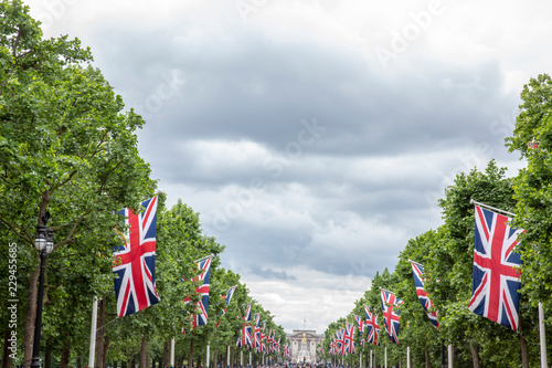 Union Jack flags outside of Buckingham Palace, London, UK