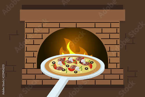 Pizza on holder in furnace
