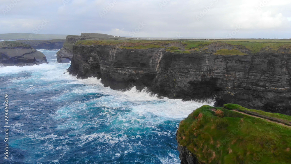 Beautiful Aerial view over the cliffs of Kilkee at the Irish west coast