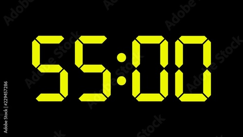 Digital countdown of 60 seconds with complete sixtieths: slow down 60x and get a one hour complete timer with minutes and seconds - 60 fps to avoid interpolation artifacts. Yellow numbers
