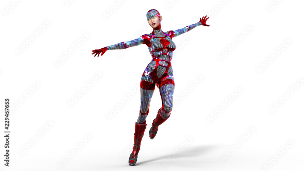 Android woman landing, female cyborg in armor isolated on white background, sci-fi girl, 3D rendering