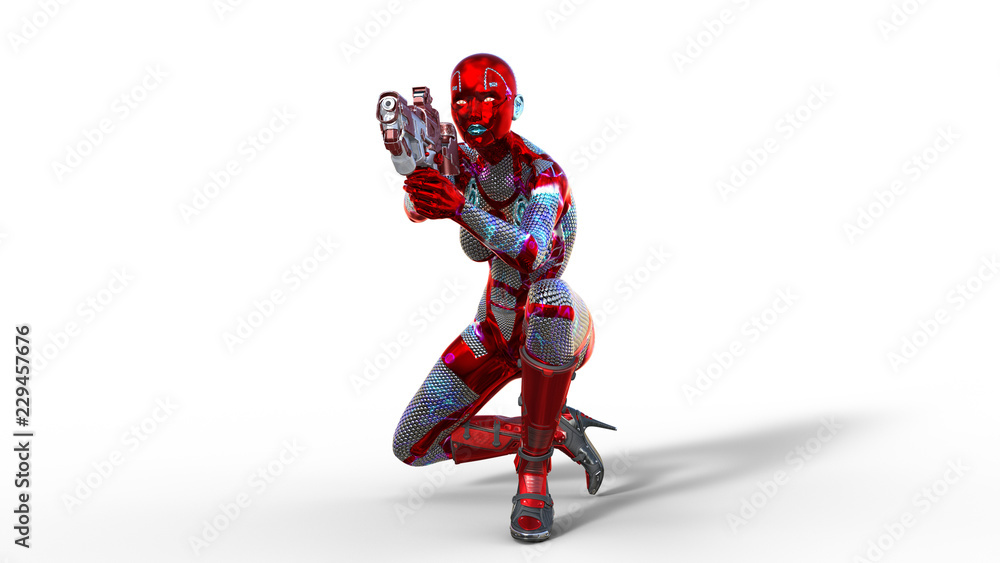 Fototapeta premium Android woman soldier, military female cyborg armed with gun crouching and shooting on the white background, sci-fi girl, 3D rendering
