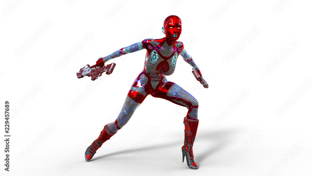 Android woman soldier, military female cyborg armed with two guns isolated on white background, sci-fi girl, 3D rendering