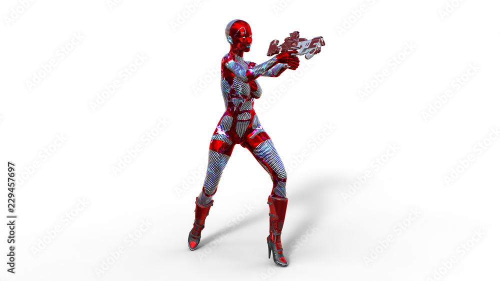 Android woman soldier, military female cyborg armed with gun standing and shooting on the white background, sci-fi girl, 3D rendering Android woman soldier, military female cyborg armed with gun standing and shooting on the white background, sci-fi girl, 3D rendering