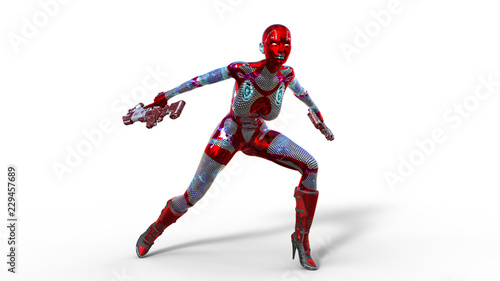 Android woman soldier, military female cyborg armed with two guns isolated on white background, sci-fi girl, 3D rendering © freestyle_images
