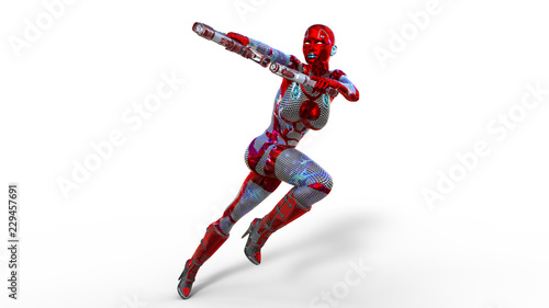 Android woman soldier, military female cyborg armed with guns running and shooting on white background, sci-fi girl, 3D rendering © freestyle_images
