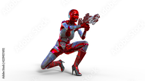 Android woman soldier, military female cyborg armed with gun crouching and shooting on white background, sci-fi girl, 3D rendering