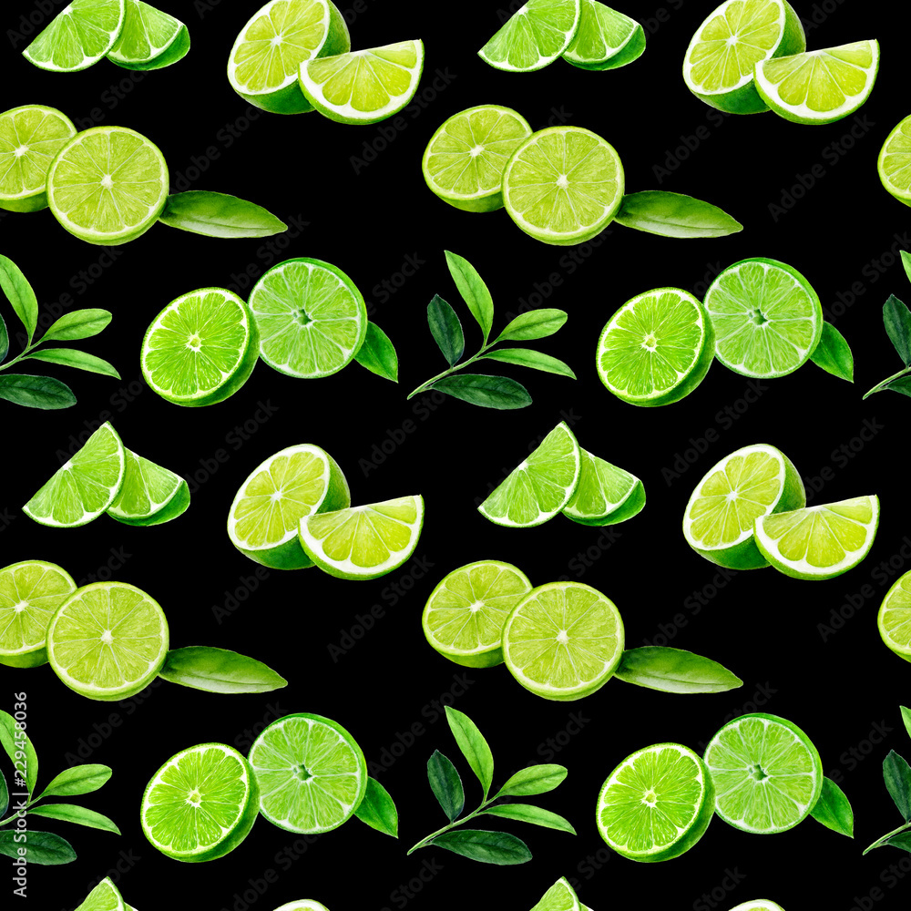 Lime fruit seamless watercolor pattern. Hand draw illustration.