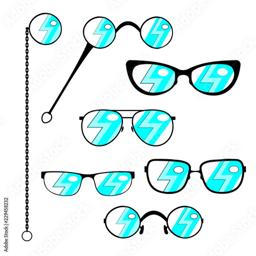 Silhouette eyeglasses set. Frames to modern or vintage glasses with a stylish flat glare, as well lorgnette and monocle. Vector illustration