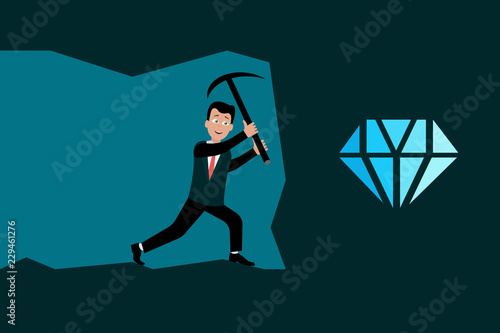 Cheerful miner digging for diamond