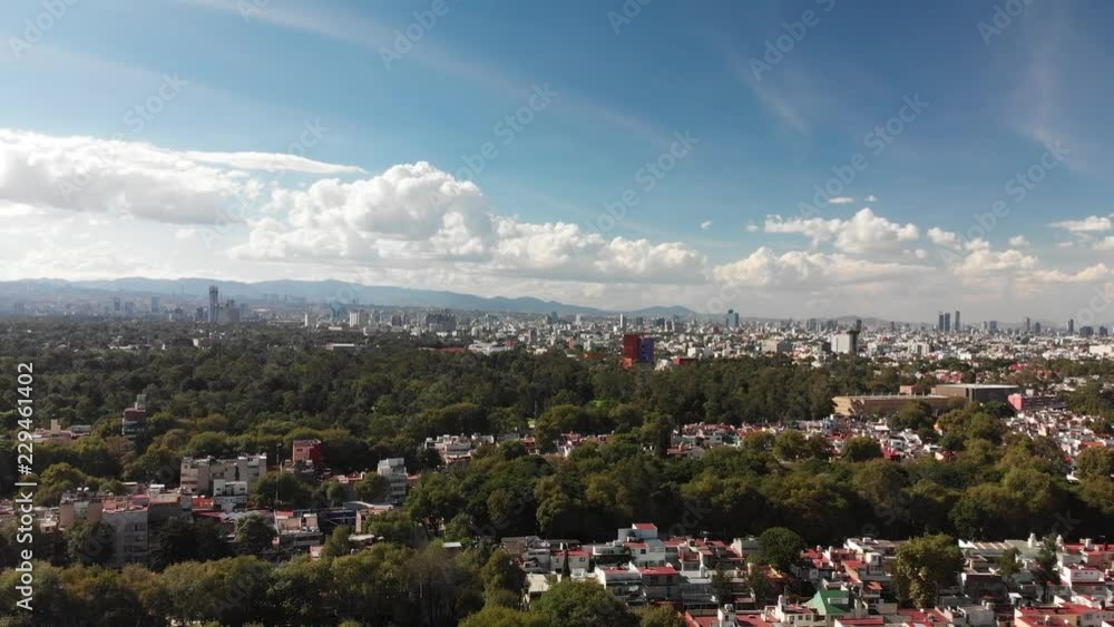 Aerial panoramic view of the skyline in Mexico City on a very clear day with blue sky and lots of clouds. Drone flying sideways, frome right to left Aerial panoramic view of the skyline in Mexico City on a very clear day with blue sky and lots of clouds. Drone flying sideways, frome right to left