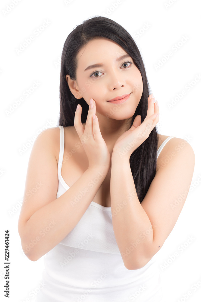 Portrait of beautiful woman asian makeup of cosmetic, girl hand touch cheek and smile attractive, face of beauty perfect with wellness isolated on white background with skin healthcare concept. Portrait of beautiful woman asian makeup of cosmetic, girl hand touch cheek and smile attractive, face of beauty perfect with wellness isolated on white background with skin healthcare concept.