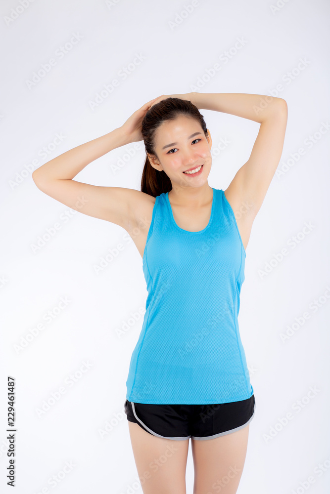 Beautiful portrait young asian woman standing stretch muscle arm isolated on white background, girl wear sport clothes exercise and yoga for health, wellness concept. Beautiful portrait young asian woman standing stretch muscle arm isolated on white background, girl wear sport clothes exercise and yoga for health, wellness concept.