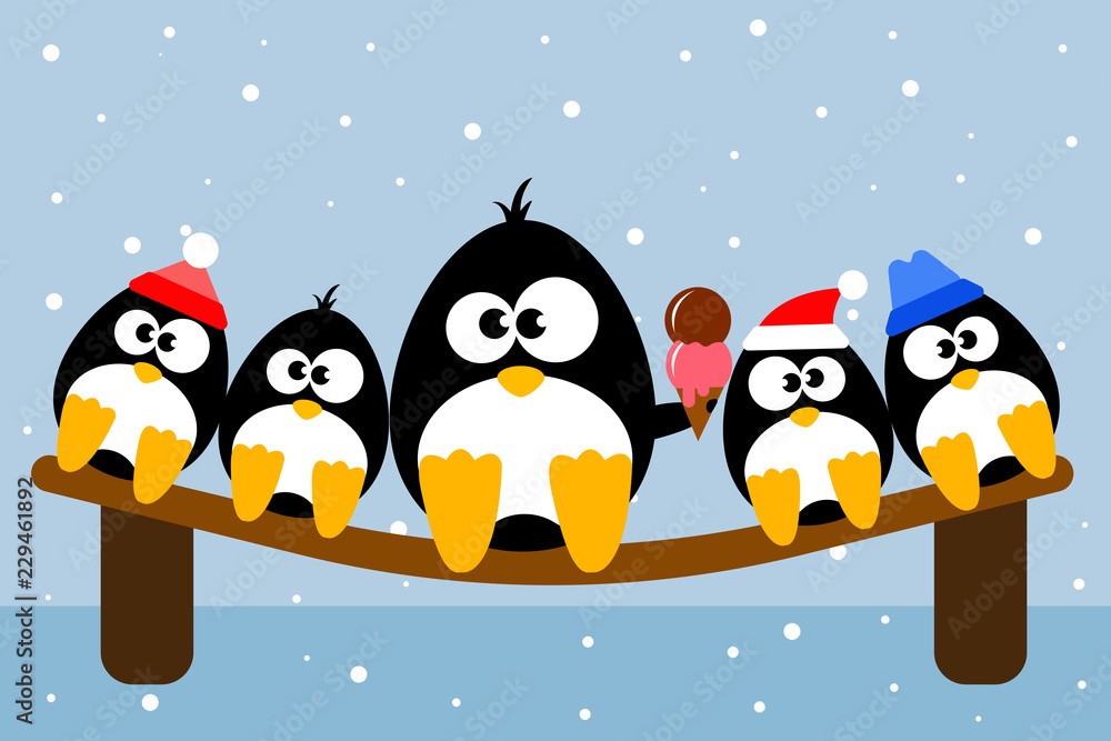 Penguins characters on a bench freezing, having cold, one of them eating ice cream Penguins characters on a bench freezing, having cold, one of them eating ice cream