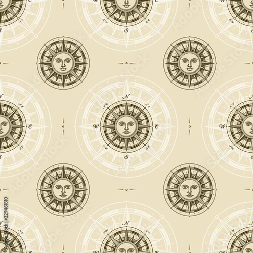 Seamless vintage sun compass rose pattern. Vector illustration in retro woodcut style with clipping mask.