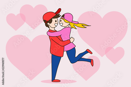 Boy embracing girl and laughing cute, young couple in love. Man boyfriend lifting woman girlfriend, pink hearts on background.