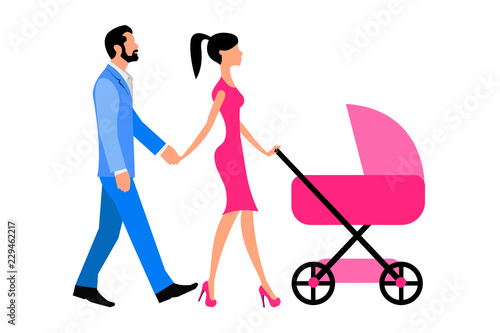 Married couple walking with stroller