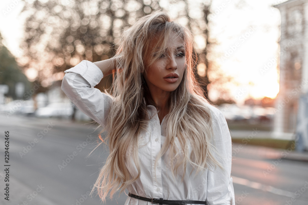 Φωτογραφία Beautiful young stylish model woman with hairstyle in white fashionable shirt wa
