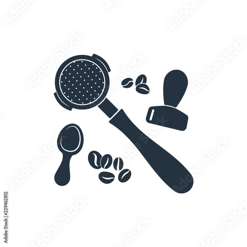 Portafilter and tamper isolated icon on white background, 400 coffee set, logo and sign