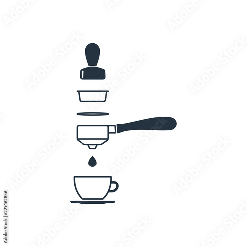 Portafilter and tamper isolated icon on white background, 400 coffee set, logo and sign