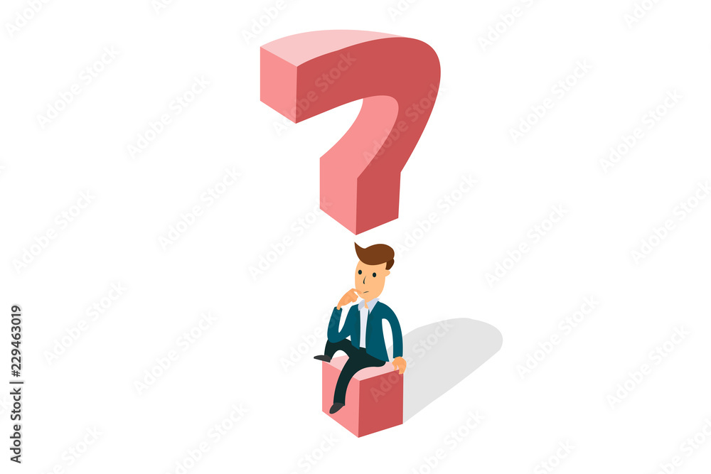 Young business man thinking, asking himself about next job or project career choosing concept. Isometric man in blue business suit sitting on a question mark isolated on white. Eps vector illustration Young business man thinking, asking himself about next job or project career choosing concept. Isometric man in blue business suit sitting on a question mark isolated on white. Eps vector illustration