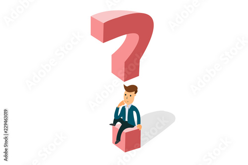 Fototapeta Naklejka Na Ścianę i Meble -  Young business man thinking, asking himself about next job or project career choosing concept. Isometric man in blue business suit sitting on a question mark isolated on white. Eps vector illustration