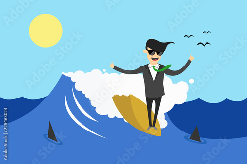 Successful business man concept. Businessman surfing on the wave between two sharks. Vector illustration flat design.