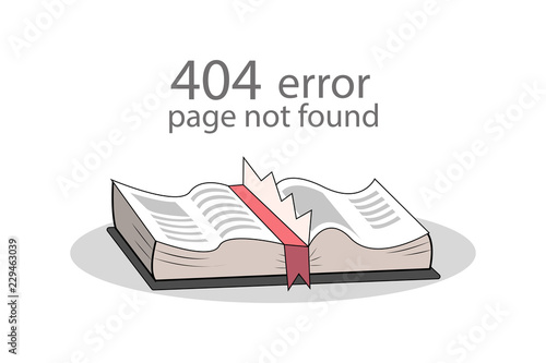 Page not found 404 error concept. Book with a paper, page torn missing isolated on white background, funny layout for web page. Vector illustration
