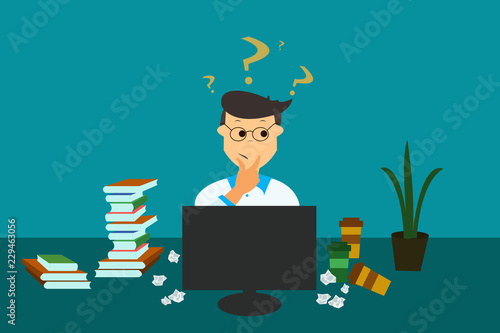 Hard choice, finding solution solve problem concept. Confused businessman working  in front of looking at computer in office, books, coffee crumpled paper on table, eps vector illustration