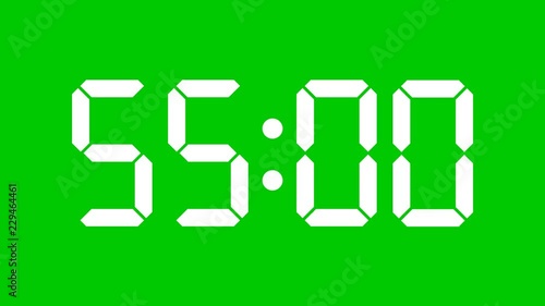 Digital countdown of 60 seconds with complete sixtieths: slow down 60x and get a one hour complete timer with minutes and seconds - 60 fps to avoid interpolation artifacts. Green screen, Alpha channel