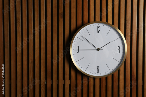 Wallpaper Mural Stylish clock and space for text on wooden background. Time management Torontodigital.ca